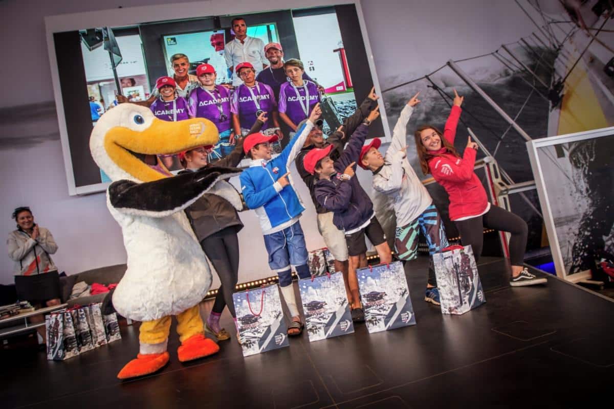 School children celebrate The Ocean Race with Wisdom, the race's albatross mascot. (Credit: Ainhoa Sanchez/Volvo AB/The Ocean Race)