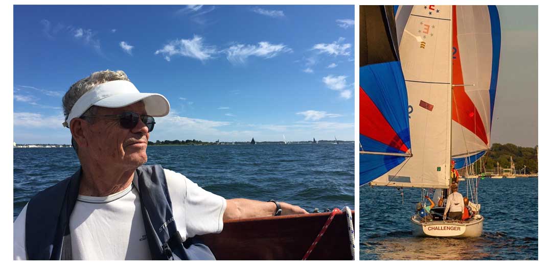 Left Image: of Dr. Shoemaker. Right: Dr. Shoemaker’s mighty Ensign “Challenger” on Narragansett Bay.